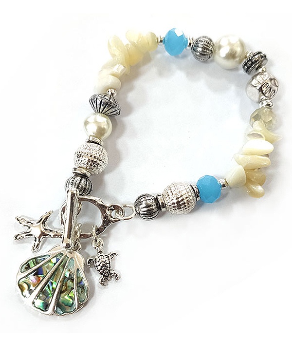 Sealife Theme Mixed Bead And Abalone Pendant Toggle Bracelet - Shell