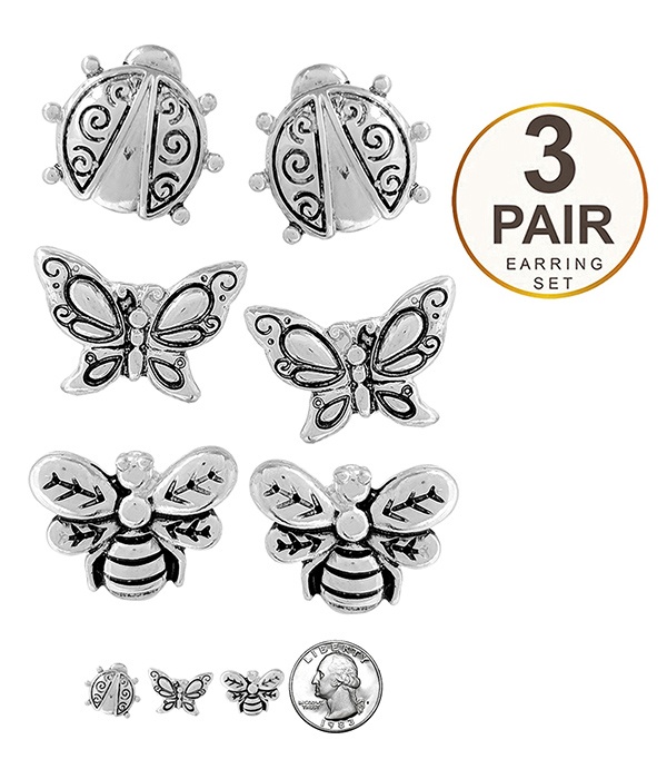 Garden Theme 3 Pair Earring Set - Butterfly Bee Ladybug