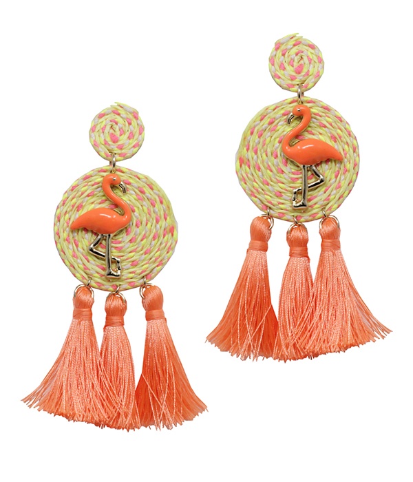 Thread Disc Flamingo And Tassel Drop Earring