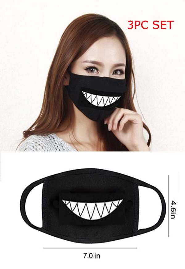 Grin Teeth Halloweenwashable Reusable Breathable Cotton Face Mask - Cotton 96% Spandex 4% (3Pc Set)