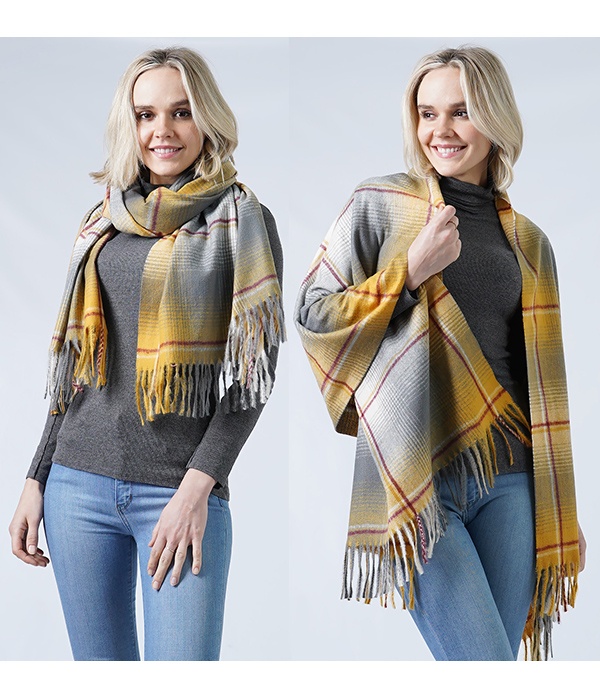 Plaid Soft Scarf With Tassel - 100% Polyester