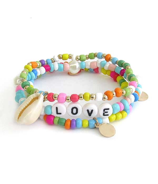 Word Block Seedbead And Freshwater Pearl Stackable Stretch Bracelet - Love