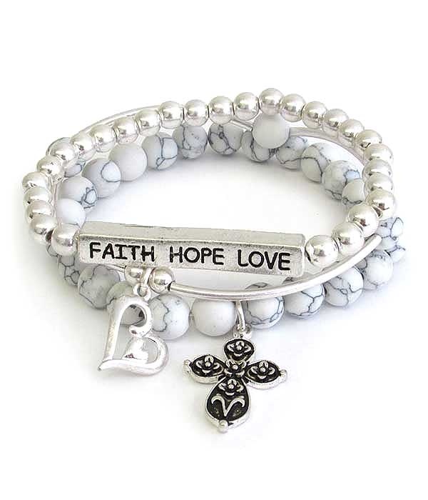 Religious Inspiration Cross Charm And Semi Precious Stone 3 Stretch Bracelet Set