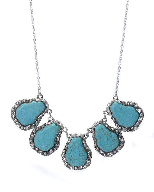 Natural Shape Turquoise And Crystal Pendant Link Necklace
