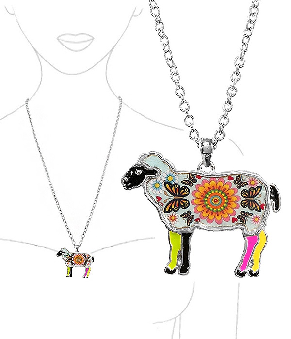 Farm Theme Paint Art Epoxy Pendant Necklace - Sheep