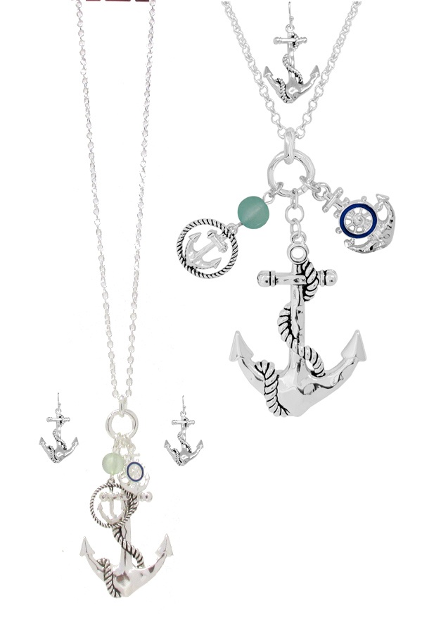 Sealife Theme Multi Charm Pendant Necklace Set - Anchor