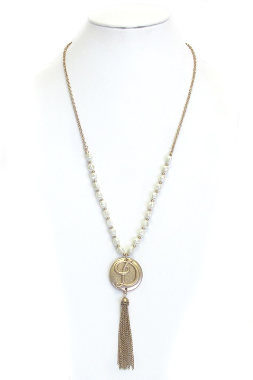 Monogram and Tassel Drop Long Pearl Necklace - D432659