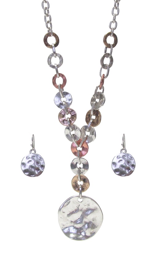Hammered Multi Metal Ring Chain Necklace Set