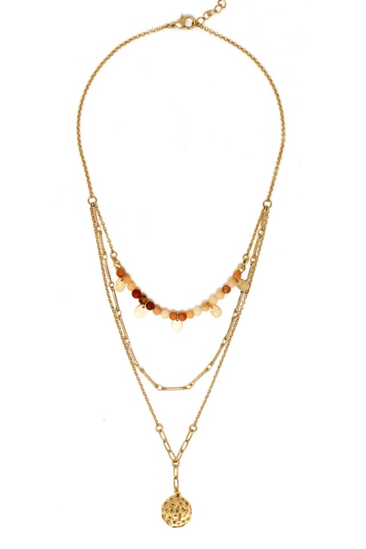 Triple Layer Semi Precious Stone Pendant Chain Necklace