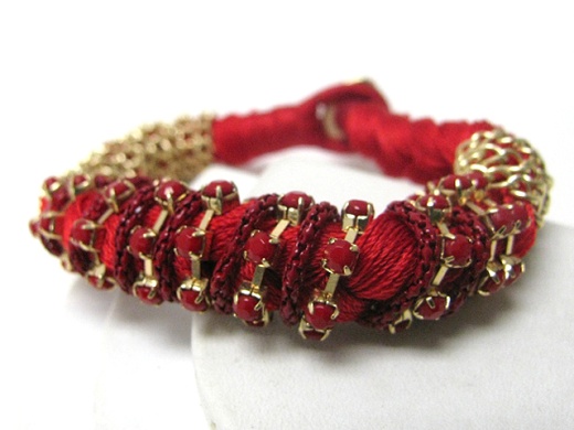 Mixed Stone and Metal Chain Wrapped Fabric Cord Braided Wrist Band