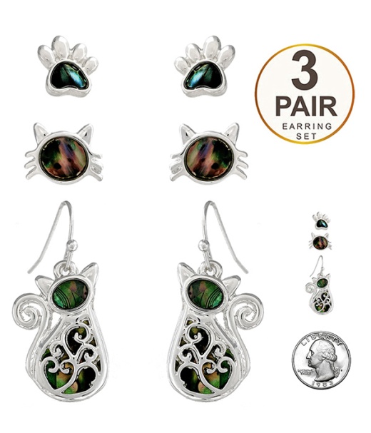 Pet Lovers Theme 3 Pair Earring Set - Cat
