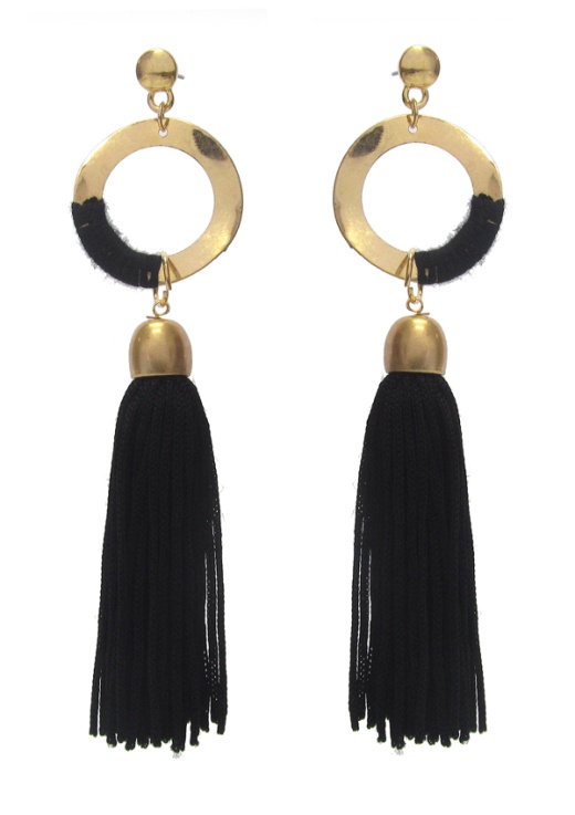 Metal Hoop and Long Tassel Drop Earring - Wholesale - Jet
