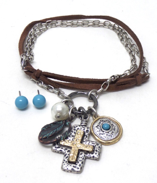 Metal With Suede Charm Dual Function Necklace Or Wrap Bracelet Set