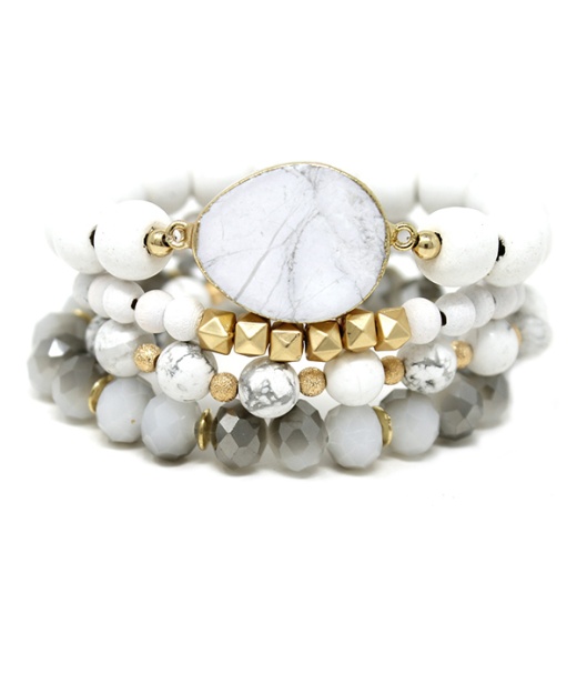 Semi Precious Stone and Multi Bead Mix 4 Stretch Bracelet Set