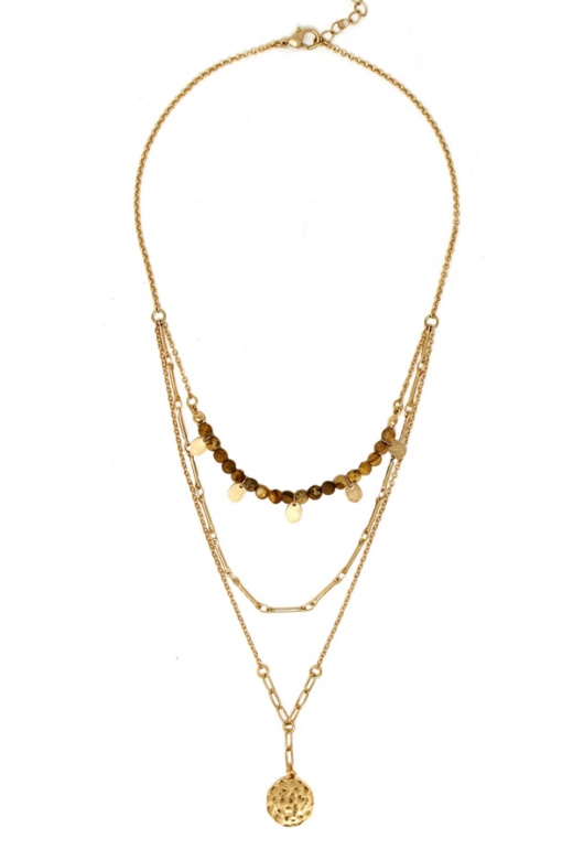 Triple Layer Semi Precious Stone Pendant Chain Necklace