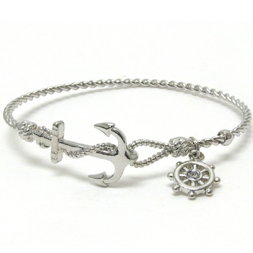 Crystal Wheel Charm and Anchor Twist Wire Band Bangle Bracelet