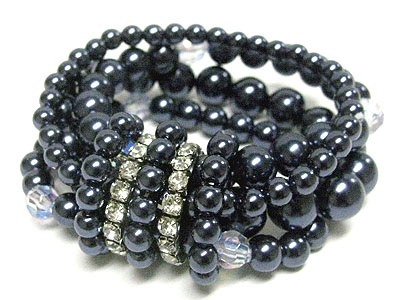 Crystal And Multi Row Pearl Beads Stretch Bracelet