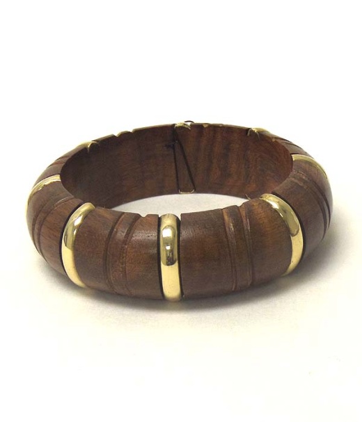 Metal Stripe Accent Wooden Bangle Bracelet - Wholesale Price
