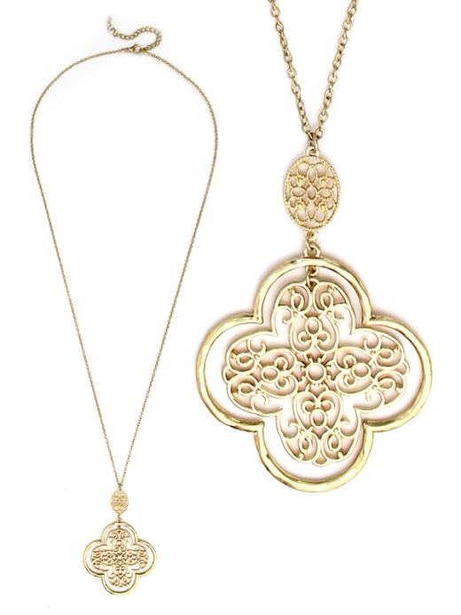 Metal Filigree Quatrefoil Pendant Long Necklace