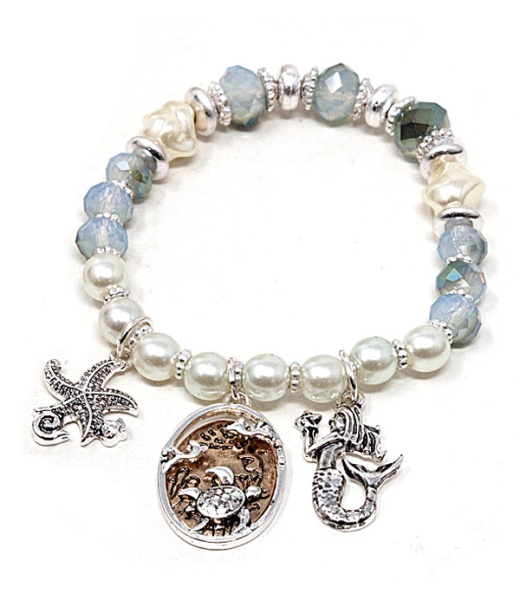 Sealife Theme Charm and Perl Stretch Bracelet - Mermaid Starfish