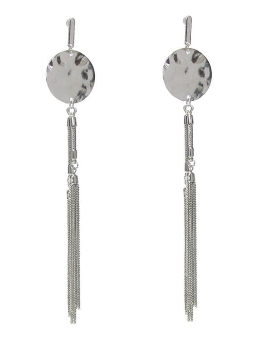 Hammered Metal Disk and Long Fine Chain Tassel Drop Earring