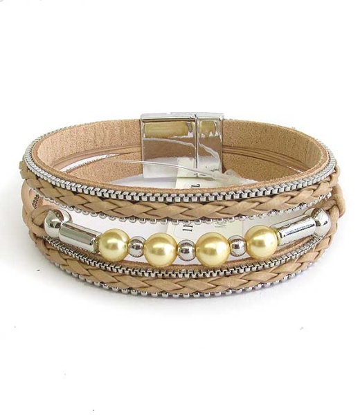 Multi Layer Woven Leatherette And Ball Bead Magnetic Bracelet
