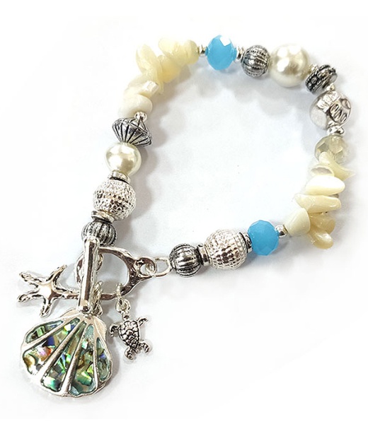 Sealife Theme Mixed Bead and Abalone Pendant Toggle Bracelet - Shell