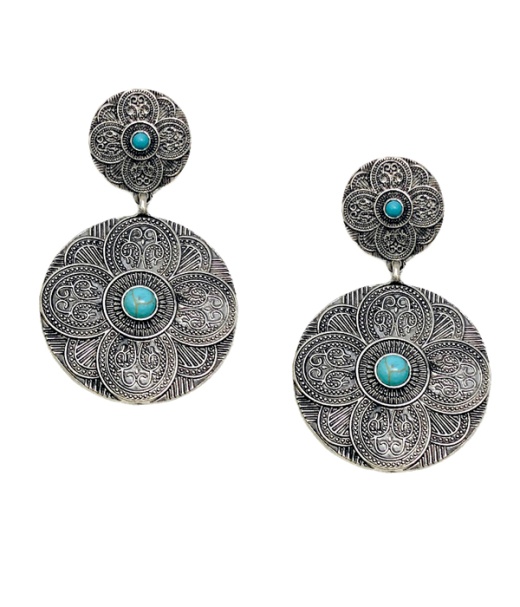 Western Style Turquoise Stone and Textured Metal Earring