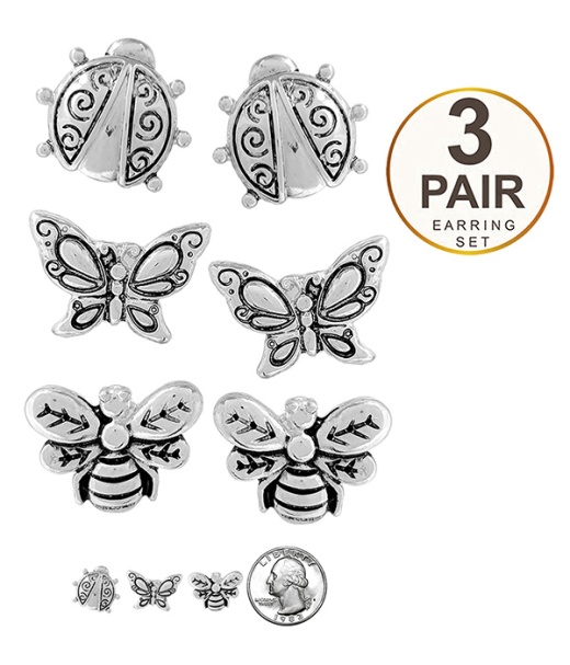 Garden Theme 3 Pair Earring Set - Butterfly Bee Ladybug