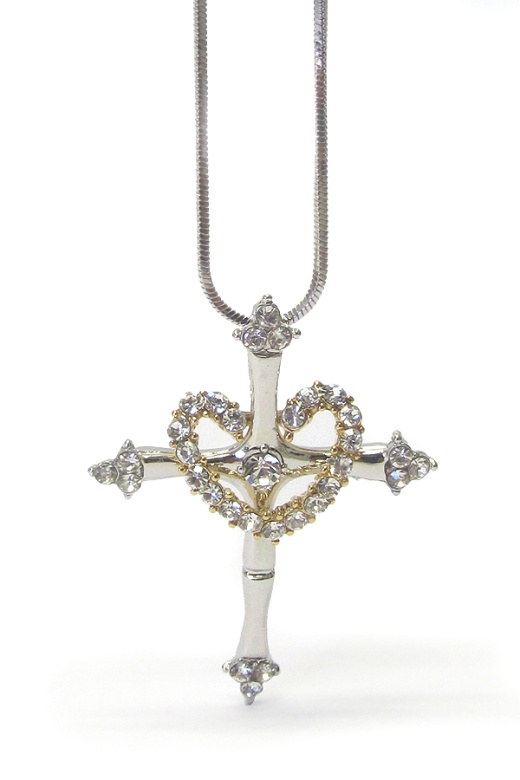 Made In Korea Whitegold Plating Cross And Heart Link Pendant Necklace
