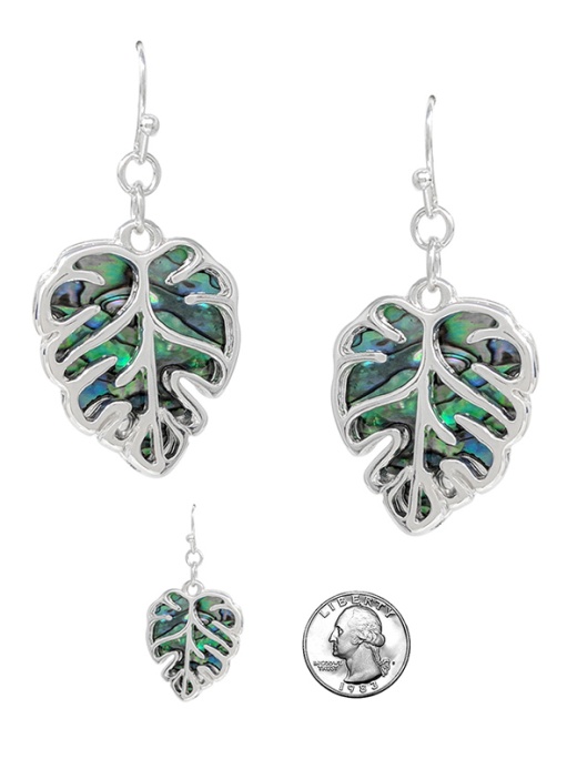 Tropical Theme Abalone Back Wire Art Earring - Monstera