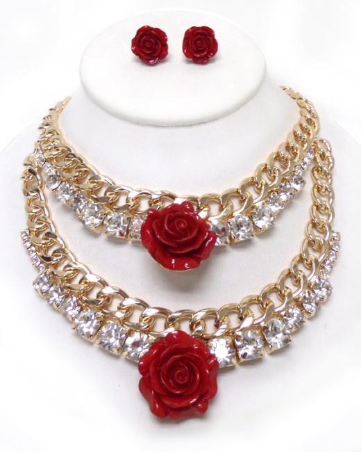 Double Layer Rose and Crystal Chain Necklace Set
