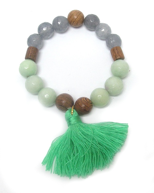Multi Stone and Wooden Ball Tassel Stretch Bracelet - MNT Color