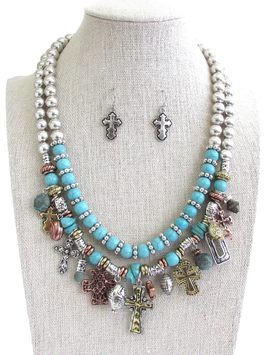 Wholesale Multi Cross Charm and Turquoise Chunky Double Layer Necklace