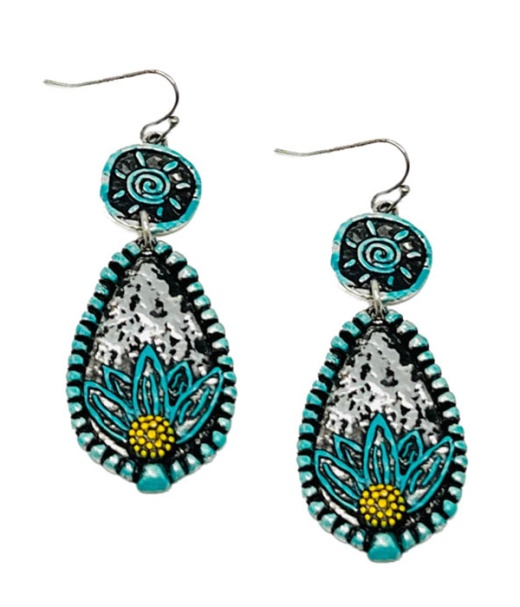 Vintage Metal Sun And Flower Drop Earring