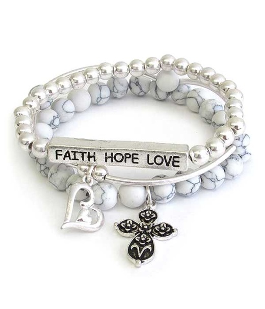 Religious Inspiration Cross Charm and Semi Precious Stone 3 Stretch Bracelet Set