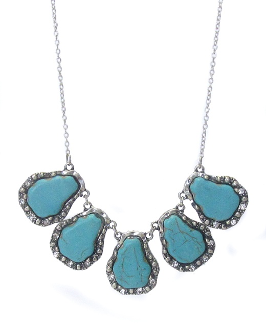 Natural Shape Turquoise and Crystal Pendant Link Necklace