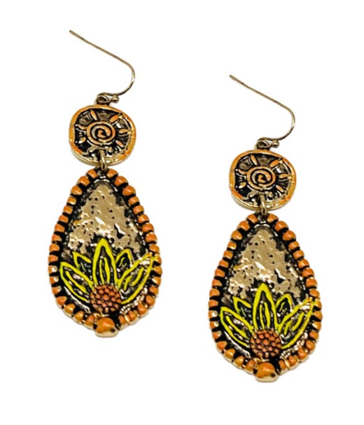 Vintage Metal Sun and Flower Drop Earrings