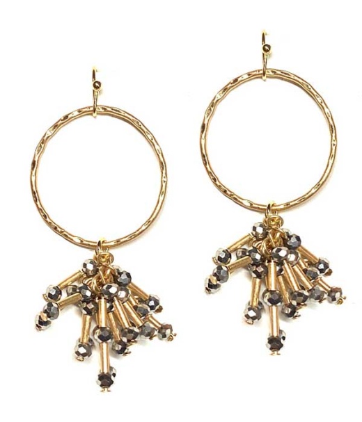 Multi Glass Bead and Metal Tube Dangle Drop Hoop Earring