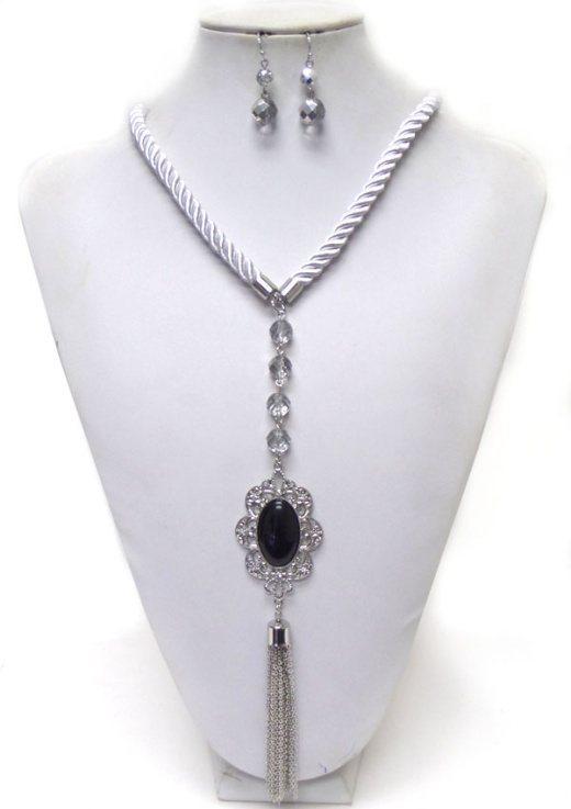Filigree Pendant Tassel Drop Rope Link Necklace Earring Set