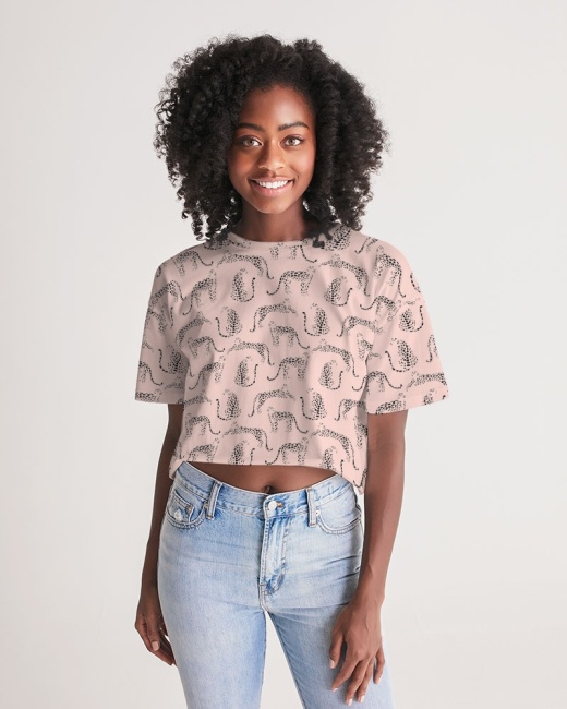 Women's Lounge Cropped Tee with Pink Cheetah Silhouette