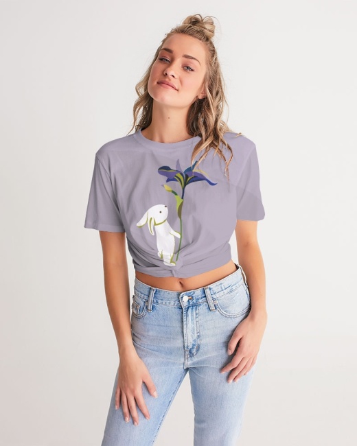 Women's Twist-Front Cropped Tee Bunny And Flowers