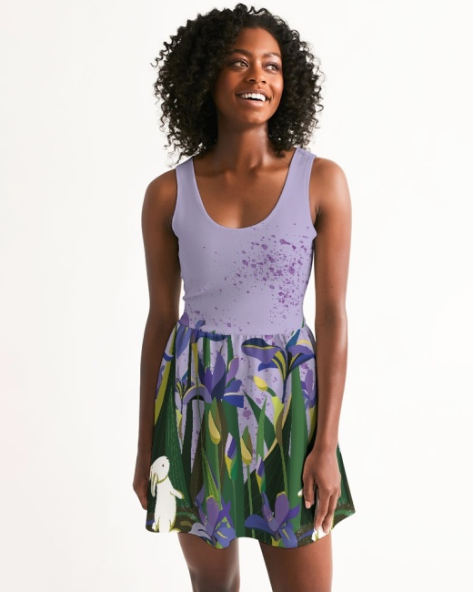 Women's Scoop Neck Skater Dress Bunny And Flowers