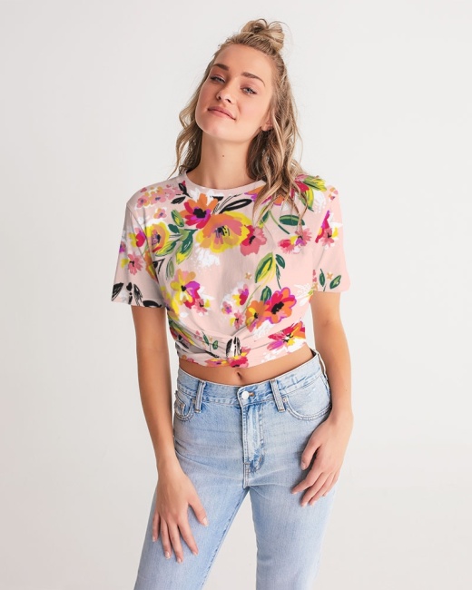 Women's Twist-Front Cropped Tee Happy Floral