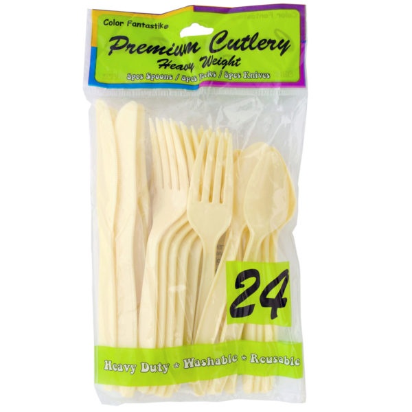 Cream Plastic Cutlery Set, Pack Of 16