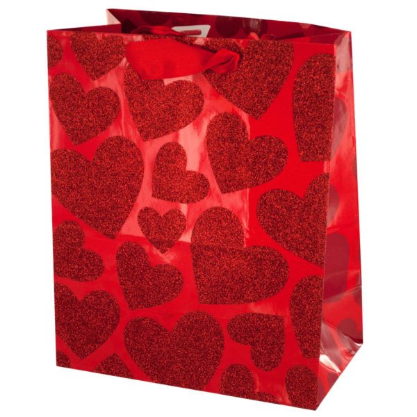 Small Red Glitter Hearts Gift Bag, Pack Of 48