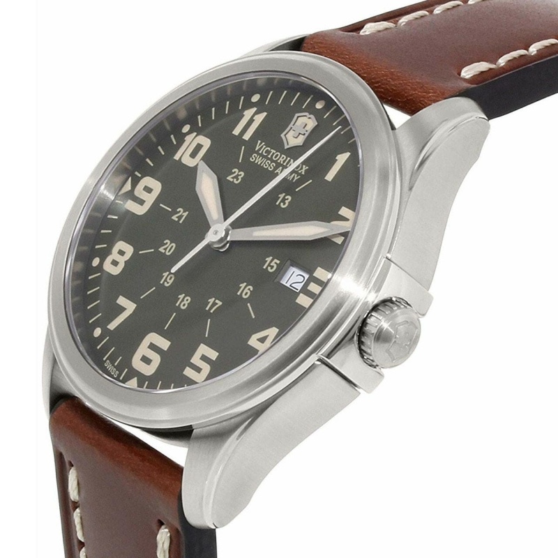 Victorinox Swiss Army Men's Infantry Vintage Green Dial Brown Leather Quartz Watch