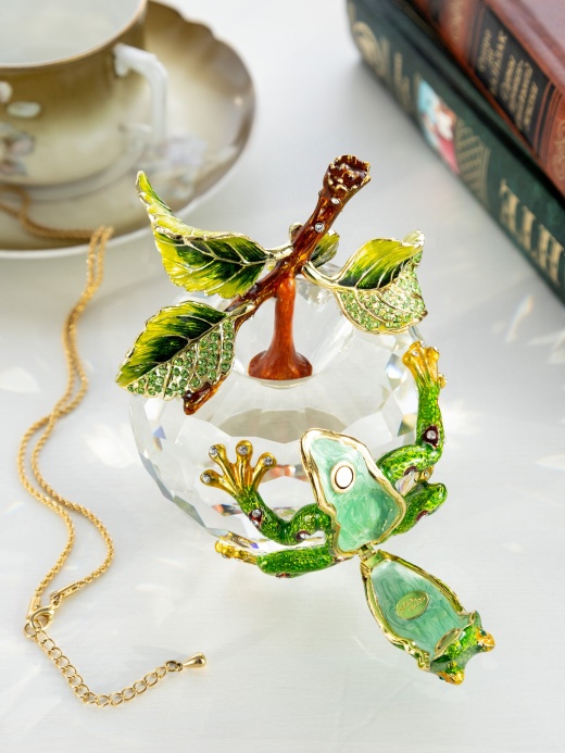 Crystal Apple With A Green Frog On It - Handmade Austrian Crystal Statue by Keren Kopal