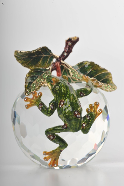 Crystal Apple With A Green Frog On It - Handmade Austrian Crystal Statue by Keren Kopal