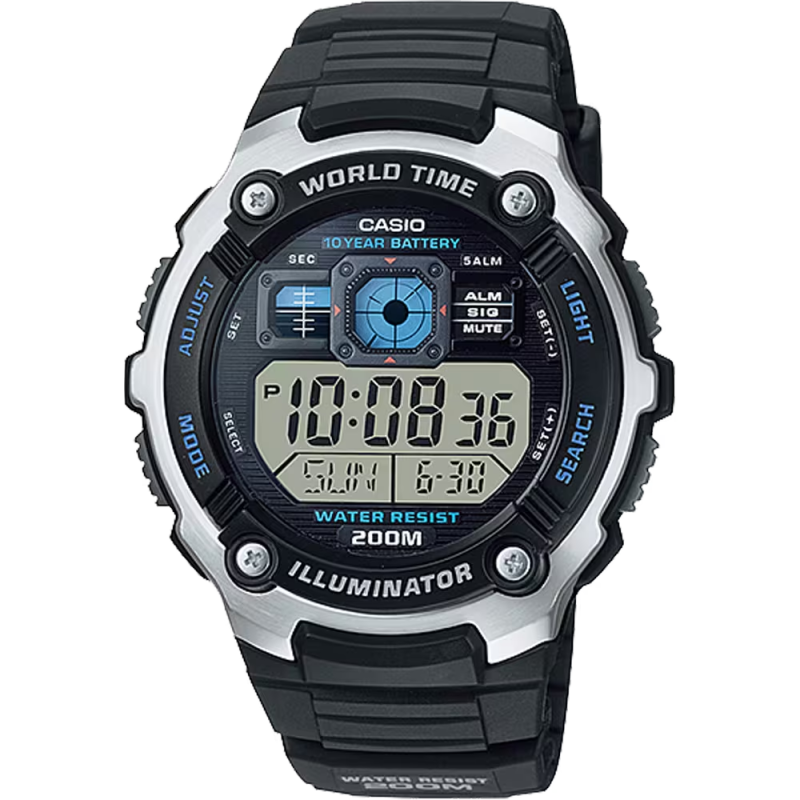 Classic World Time Digital Watch W/ 200 Meter Water-Resistance